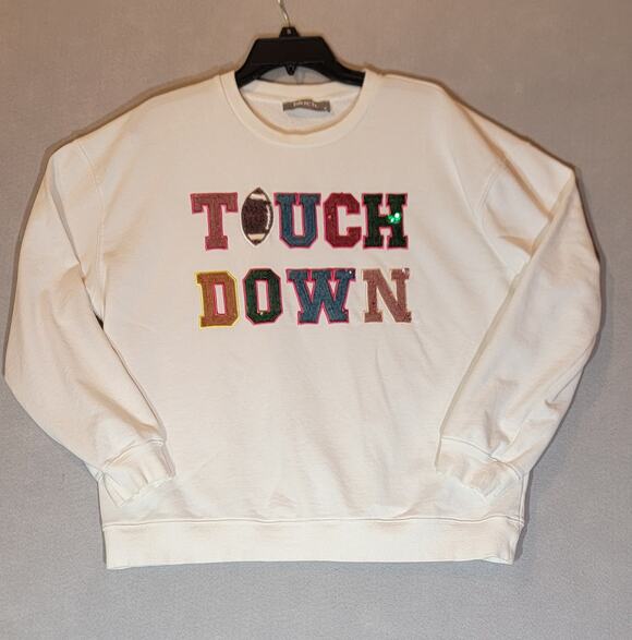 Blue B Tops - Blue B Collection Game Day Touchdown Sequin Sweatshirt Medium White Oversized
